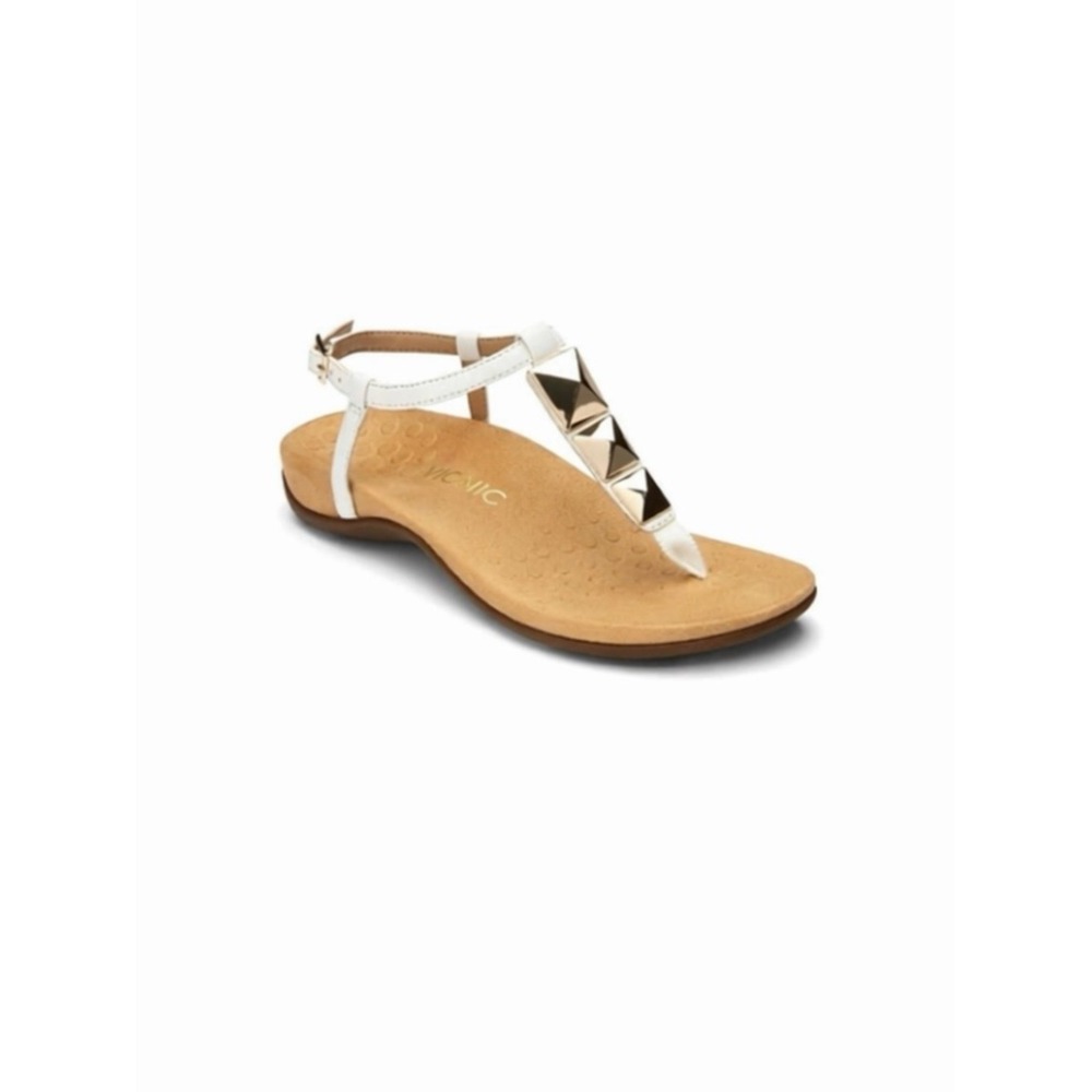 Vionic Nala white t strap sandal woman 7 wide gold embellished‎ orthotic